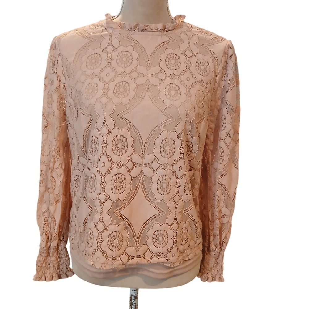 Ultra Pink Floral Lace Ruffle Neck Blouse Long Sleeve Keyhole Top Women Romantic